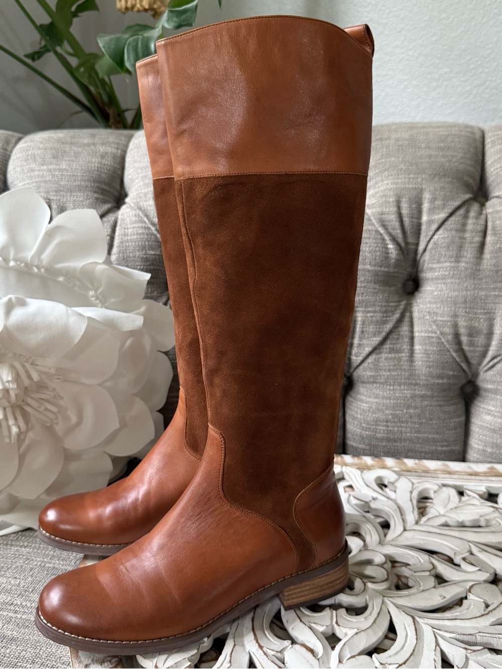 Chocolat Blu Two-Tone Cognac Leather & Suede Over-the-Knee Boots